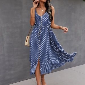 Boho Dusty Blue button up v neck tie polka dot dress